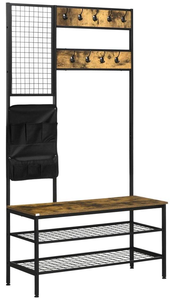 HOMCOM Garderobă în Design Industrial, 1 Tablă Mesaje, 1 Scaun, 8 Cârlige, 1 Geantă de Depozitare, Negru + Maro | Aosom Romania