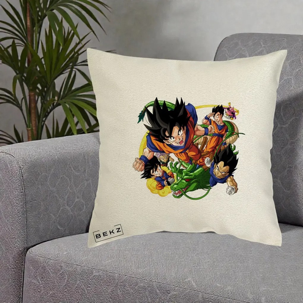 Perna Personalizata Dragon Ball Goku si Shenron Actiune, 40x40 cm, Ecru, Husa Detasabila, Perna Inclusa, BEKZ®