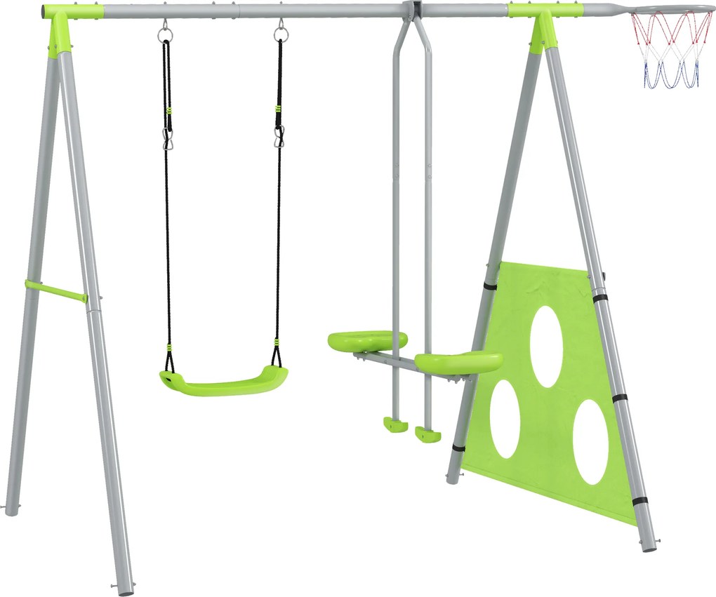 AIYAPLAY Leagăn de Grădină 4 în 1 pentru Copii cu Coș de Baschet și Poartă de Fotbal, 215x180x182 cm, Verde | Aosom Romania