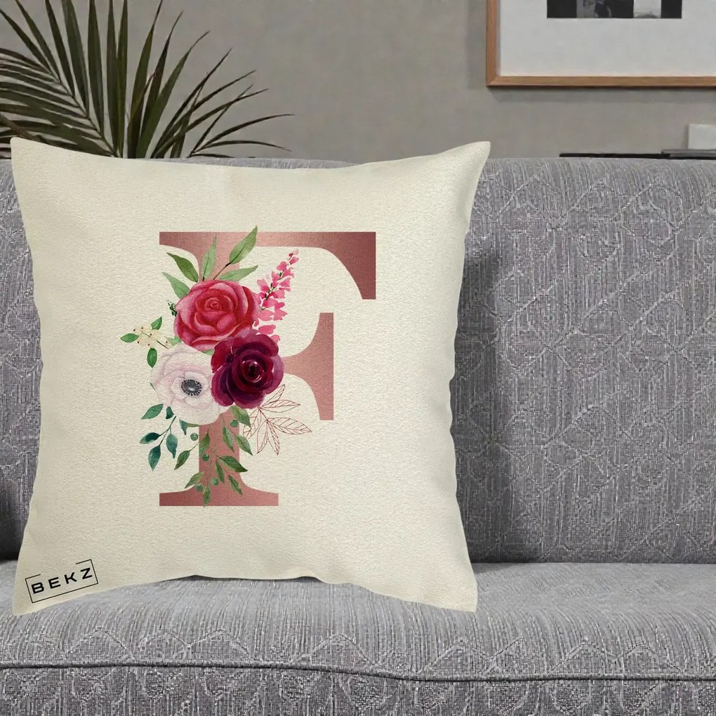 Cadou Personalizat - Perna Personalizata Monograma Rose Gold Litera F, 40x40 cm, Ecru, Husa Detasabila, Perna Inclusa, BEKZ®