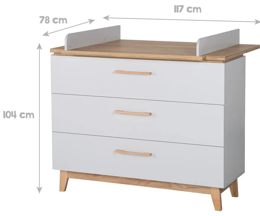 Comodă de copii gri deschis joasă cu aspect de lemn de stejar cu masă de schimbat 117x104 cm Caro – Roba