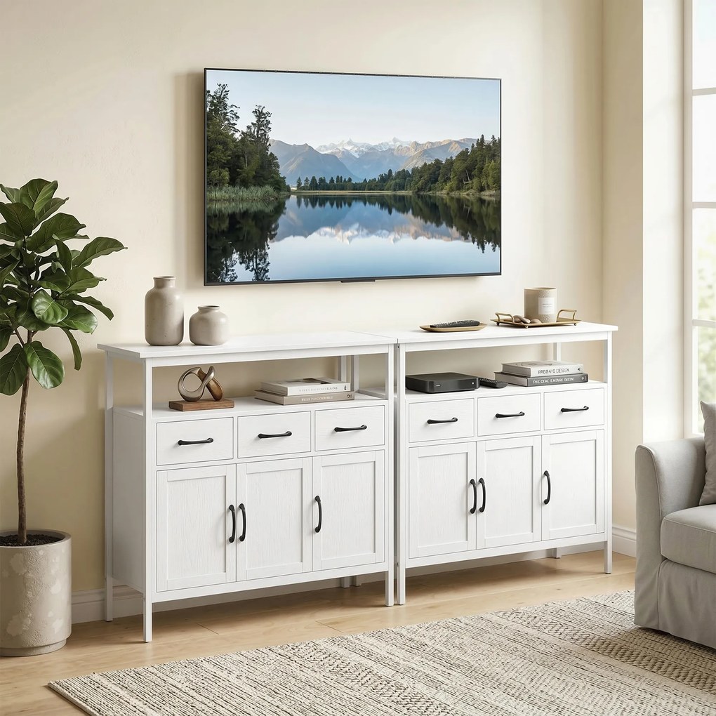 HOMCOM Bufet bucătărie, mobilier de depozitare, 3 uși, 3 sertare, compartiment deschis și rafturi reglabile, 95x35x88cm, alb | Aosom Romania