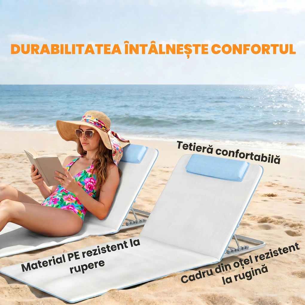 Outsunny Set 2 Șezlonguri de Plajă Pliabile cu Tetieră, Spătar Reglabil și Husă pentru Transport, 134x48x33-43 cm, Bej | Aosom Romania
