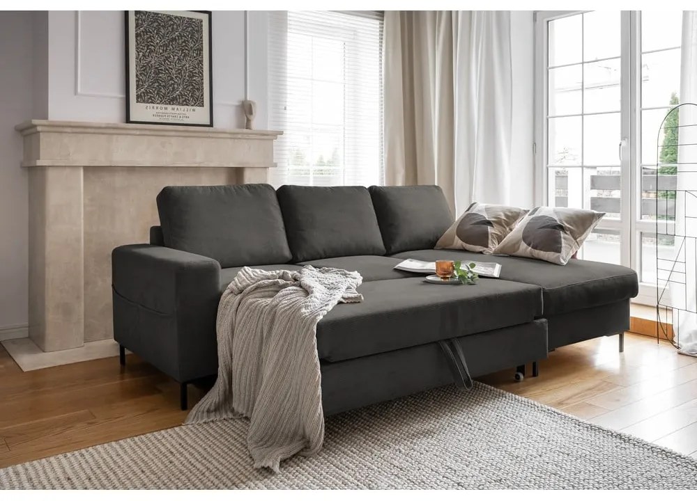 Colțar gri închis extensibil cu tapițerie din catifea reiată (cu colț pe partea dreaptă) Lofty Lilly – Miuform