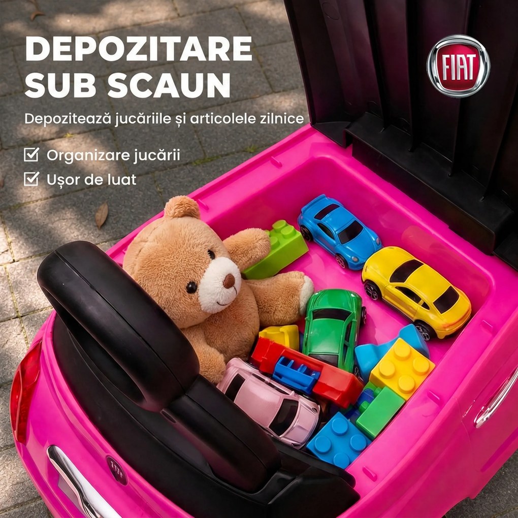 AIYAPLAY Mașinuță de Împins pentru Copii 12-36 Luni, Licență Fiat, cu Muzică, Claxon și Spațiu Depozitare, Roz | Aosom Romania