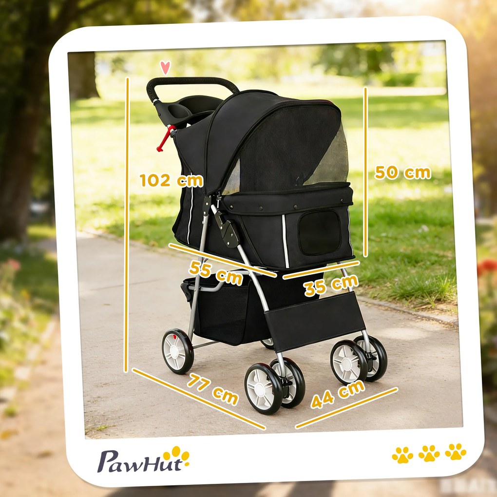 PawHut Cărucior pentru Câini Până la 10 kg, Cărucior Pliabil pentru Animale, 77x44x102 cm, Negru | Aosom Romania