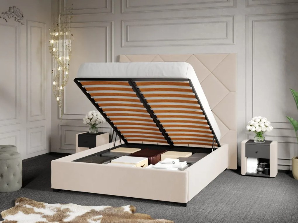 Pat Tapitat cu Panou 191x170 C2 Dubai pentru saltea de 190 rabatabil cu lada Crem - Velluto 2 180x190