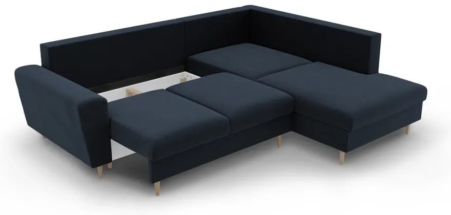 Colțar albastru închis extensibil, cu spațiu de depozitare cu tapițerie din catifea (cu colț pe partea dreaptă-în formă de ”L”) Kyoto – Cosmopolitan Design