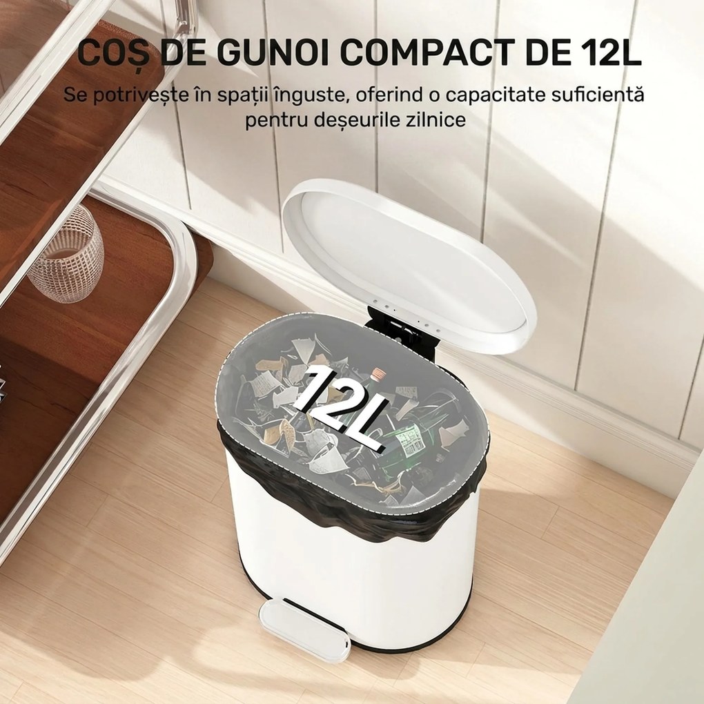 HOMCOM Coș de gunoi dreptunghiular cu pedală 12L din metal, cu găleată interioară detașabilă, închidere lentă, alb | Aosom Romania
