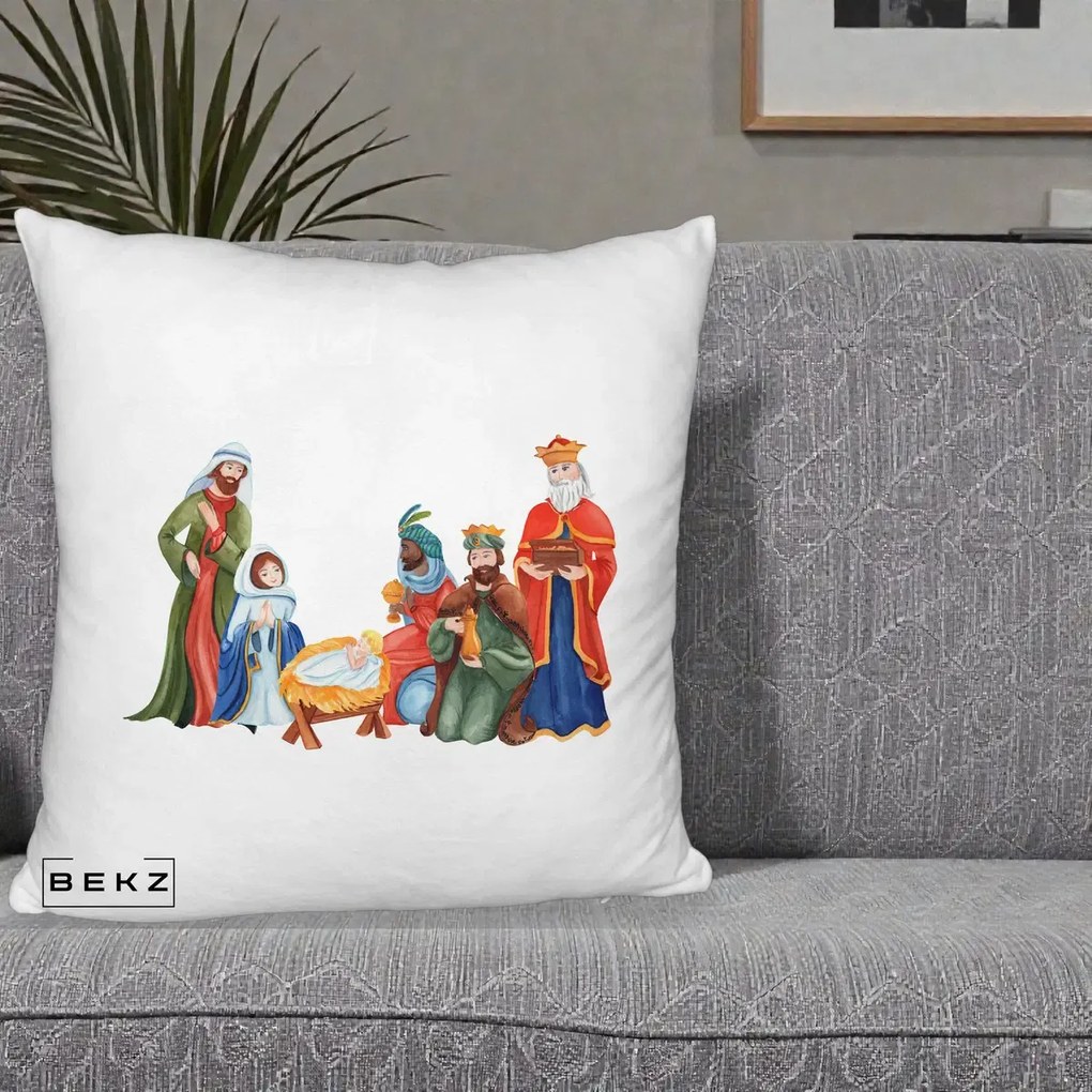 Perna Decorativa Nasterea Domnului Cei Trei Magi Acuarela, 40x40 cm, Alb Pufos, Husa Detasabila, Perna Inclusa, BEKZ®