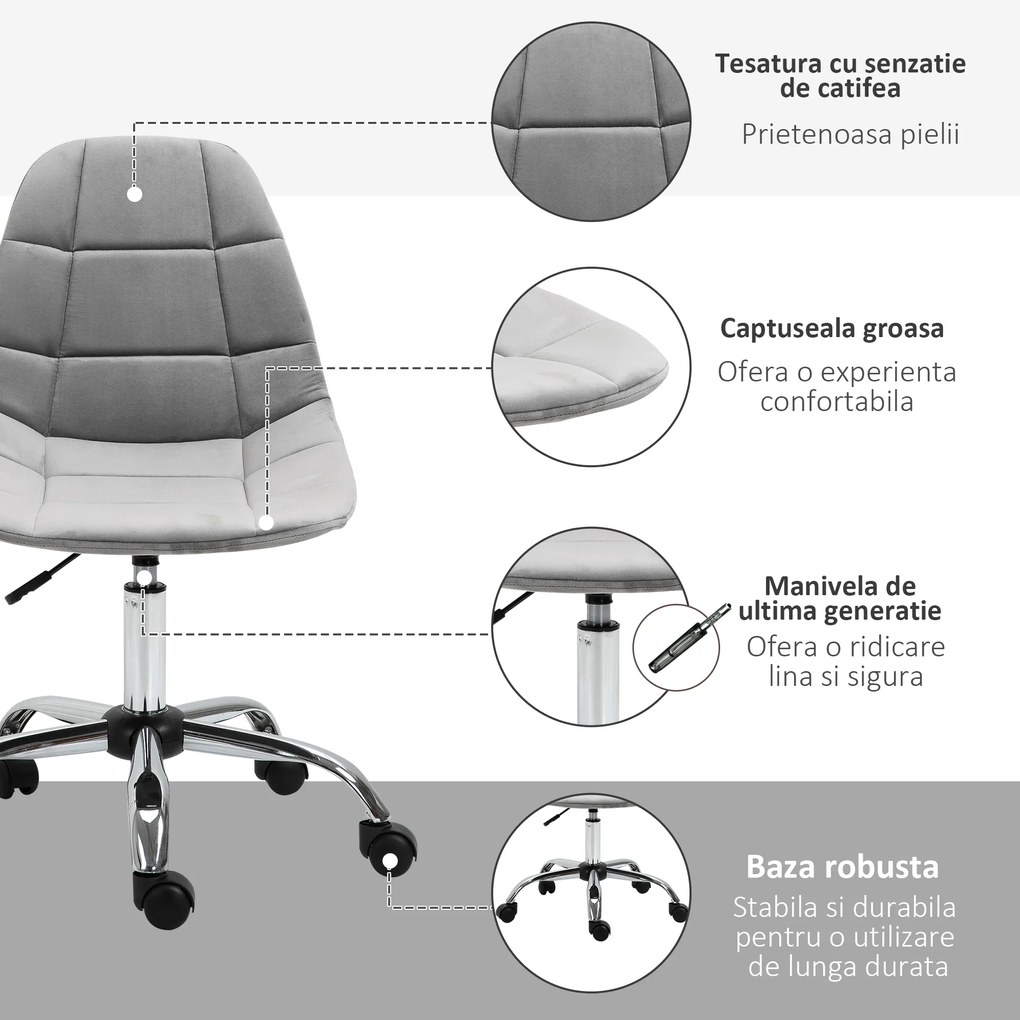 Vinsetto Scaun Ergonomic Rotativ cu Bază cu 5 Roți, Înălțime Ajustabilă, Comfortabil, Gri, Dimensiuni 59x59x81-91cm | Aosom Romania