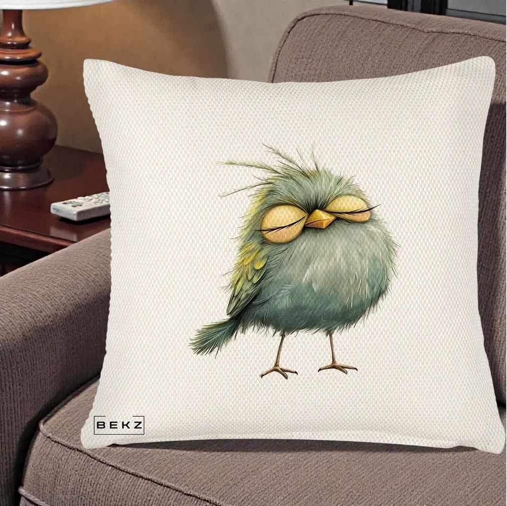 Perna Decorativa Pasare Teal Adormita cu Ochi Galbeni, 40x40 cm, Crem Reliefat, Husa Detasabila, Perna Inclusa, BEKZ®