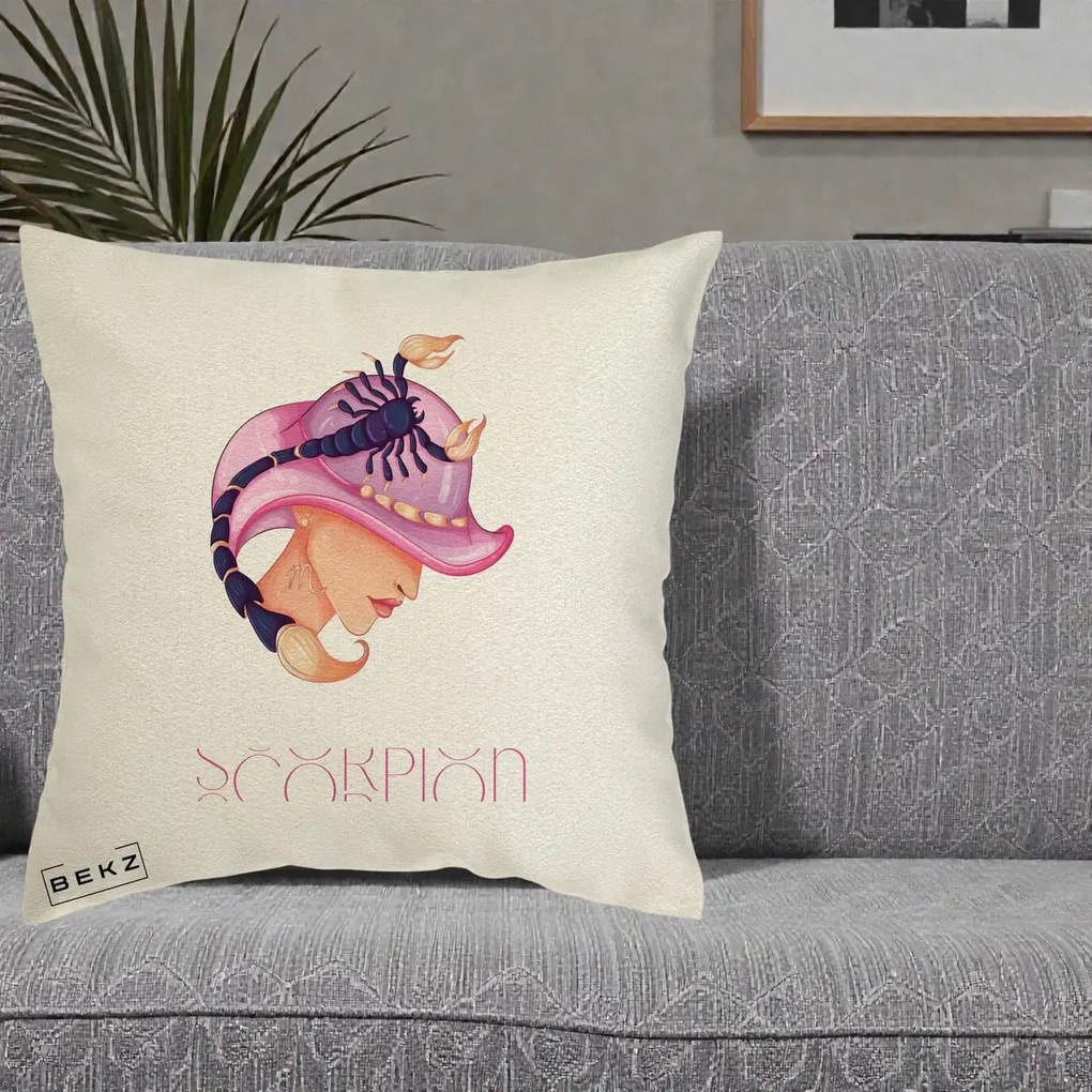 Perna Personalizata Zodiac Scorpion Cowgirl, 40x40 cm, Ecru, Husa Detasabila, Perna Inclusa, BEKZ®