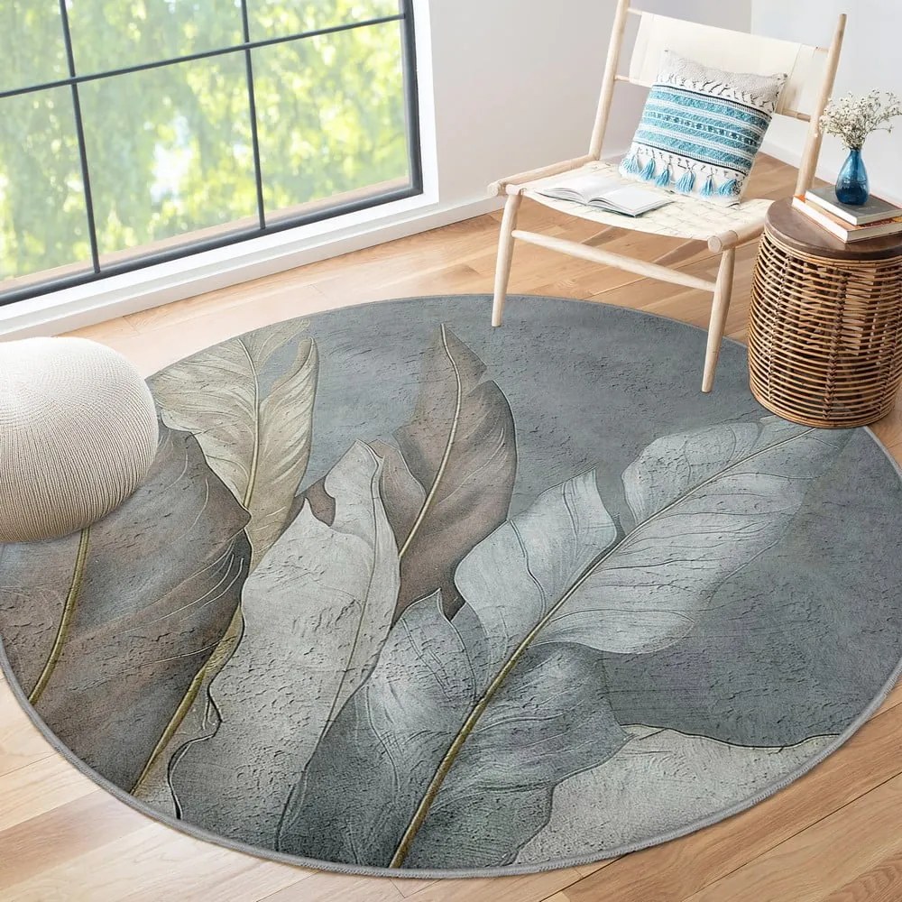 Covor verde/gri lavabil rotund ø 150 cm Dusty Leaves – Mila Home