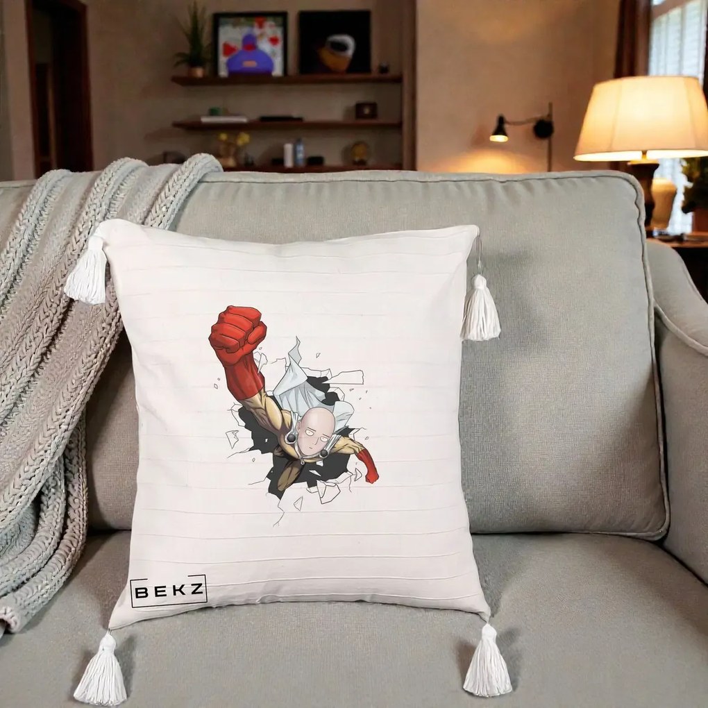 Perna Personalizata One Punch Man Saitama Pumn, 40x40 cm, Bej cu Franjuri, Husa Detasabila, Perna Inclusa, BEKZ®