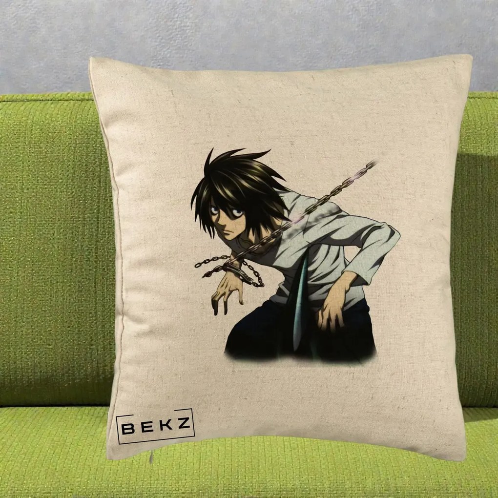 Perna Personalizata Death Note L Lawliet Lanturi, 40x40 cm, Bej, Husa Detasabila, Perna Inclusa, BEKZ®