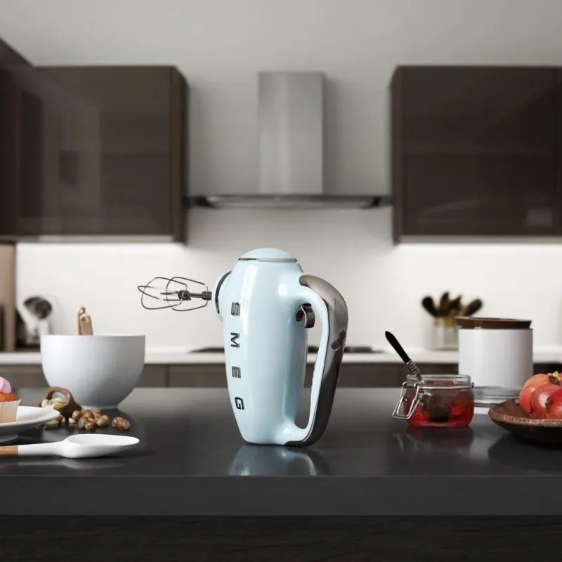 Mixer manual SMEG 50's Style HMF01PBEU, 250 W, 9 viteze, Functie Turbo, Afisaj LED, Timer, Accesorii, Albastru