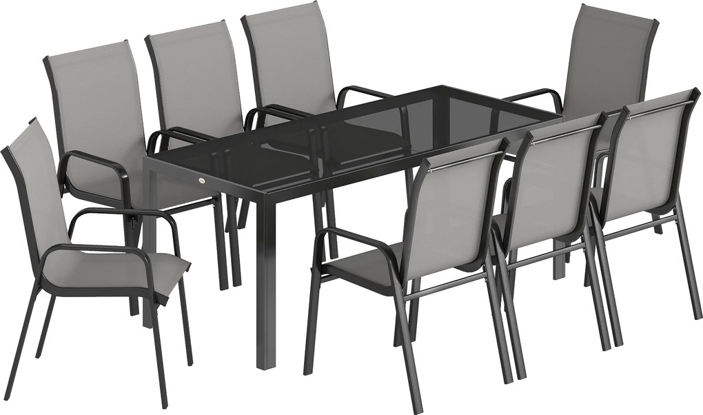 Outsunny Set de Masă de Grădină 9 Piese, Masă și Scaune pentru 8 Persoane, Set Exterior cu Blat din Sticlă Temperată, Gri | Aosom Romania