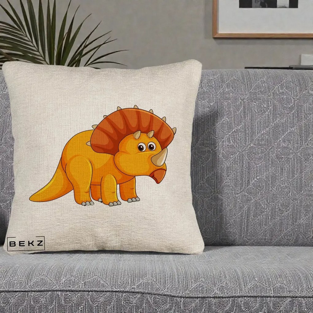 Perna Decorativa Triceratops Portocaliu, 40x40 cm, Bej Canapea, Husa Detasabila, Perna Inclusa, BEKZ®