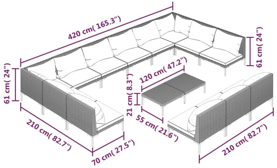 Set mobilier de gradina cu perne 14 piese gri inchis poliratan 2x colt + 11x mijloc + masa, 1