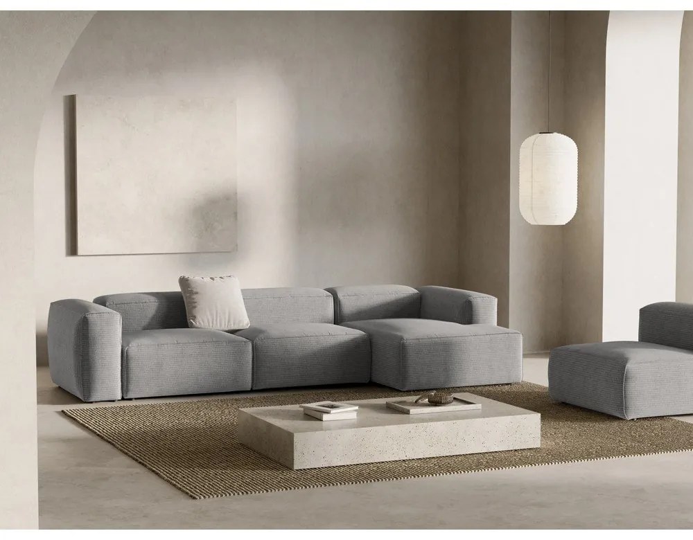 Colțar gri deschis cu tapițerie din catifea reiată (cu colț pe partea dreaptă/cu șezlong) Bergamo – Cosmopolitan Design