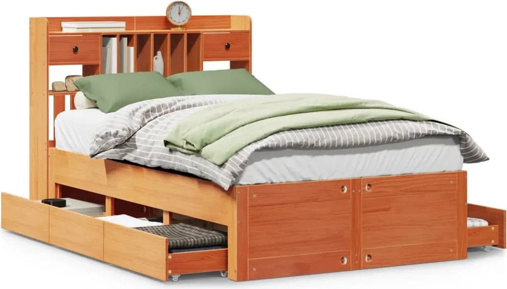 vidaXL Pat cu bibliotecă fără saltea maro 135x190 cm lemn masiv de pin