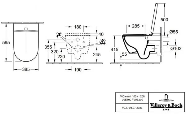 Set vas WC rimless suspendat, cu capac electronic, functie de bideu, Villeroy&amp;Boch ViClean, DirectFlush, CeramicPlus, V0E100R1