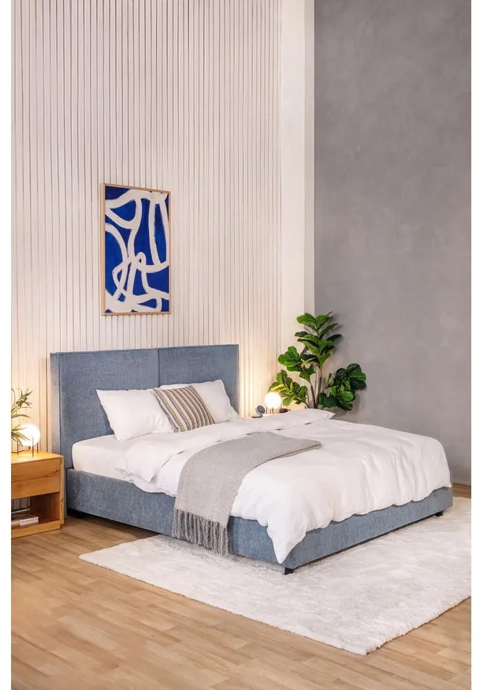 Pat matrimonial albastru tapițat cu spațiu de depozitare cu somieră 160x200 cm Myra Bold – Bonami Selection