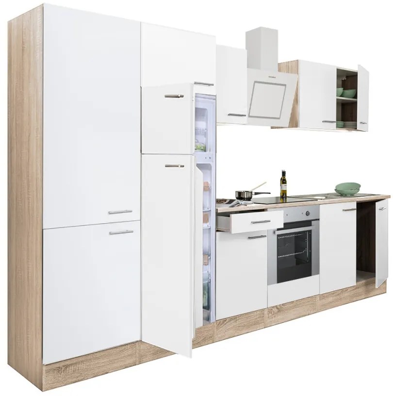 Mobilă de bucătărie Yorki 330, corp din stejar sonoma, față alb satinat cu element cuptor inferior, dulap cu rafturi și frigider cu congelator superior.