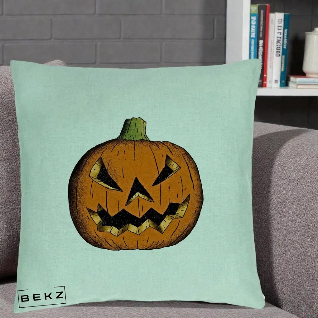 Perna Decorativa Halloween Dovleac Portocaliu Clasic, 40x40 cm, Verde Menta, Husa Detasabila, Perna Inclusa, BEKZ®