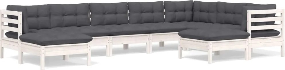 vidaXL Set mobilier de grădină cu perne, 9 piese, alb, lemn masiv pin
