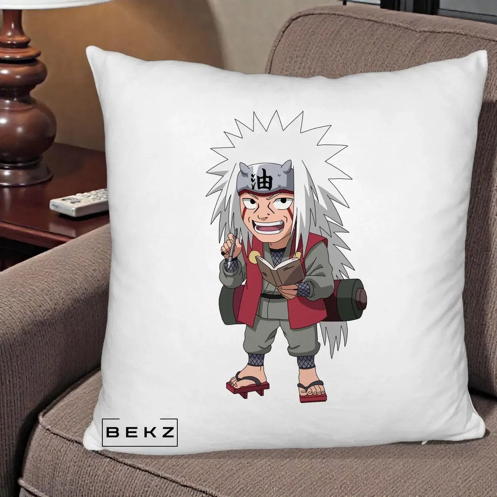 Perna Personalizata Naruto Jiraiya Sensei Chibi, 40x40 cm, Alb Pufos, Husa Detasabila, Perna Inclusa, BEKZ®