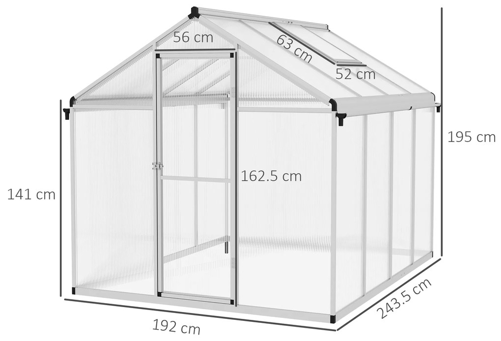 Outsunny Seră de Grădină din Policarbonat și Aluminiu, Seră de Plante cu Fereastră, Ușă și Jgheab, 243.5x192x195 cm, Gri | Aosom Romania