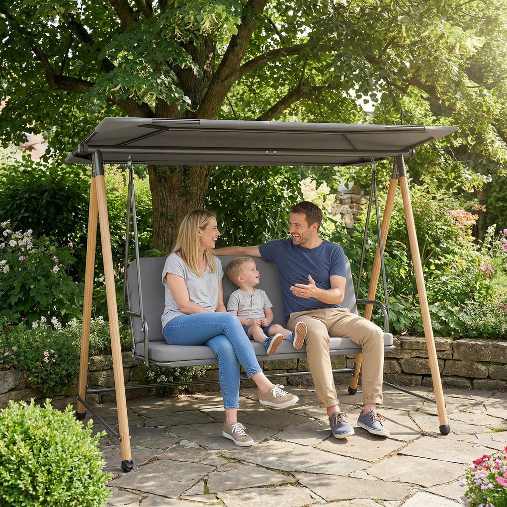 Outsunny Balansoar de Grădină cu 3 Locuri, cu Copertină Reglabilă Impermeabilă și Pernă Detașabilă, Capacitate Maximă 360 kg, 208 x 125 x 180 cm, Gri | Aosom Romania