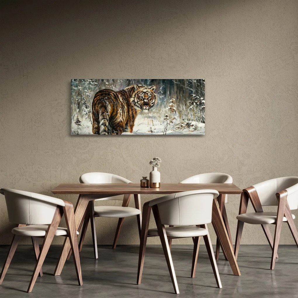 Tablou - Tigru într-o pădure înzăpezită, pictură în ulei (120x50 cm)