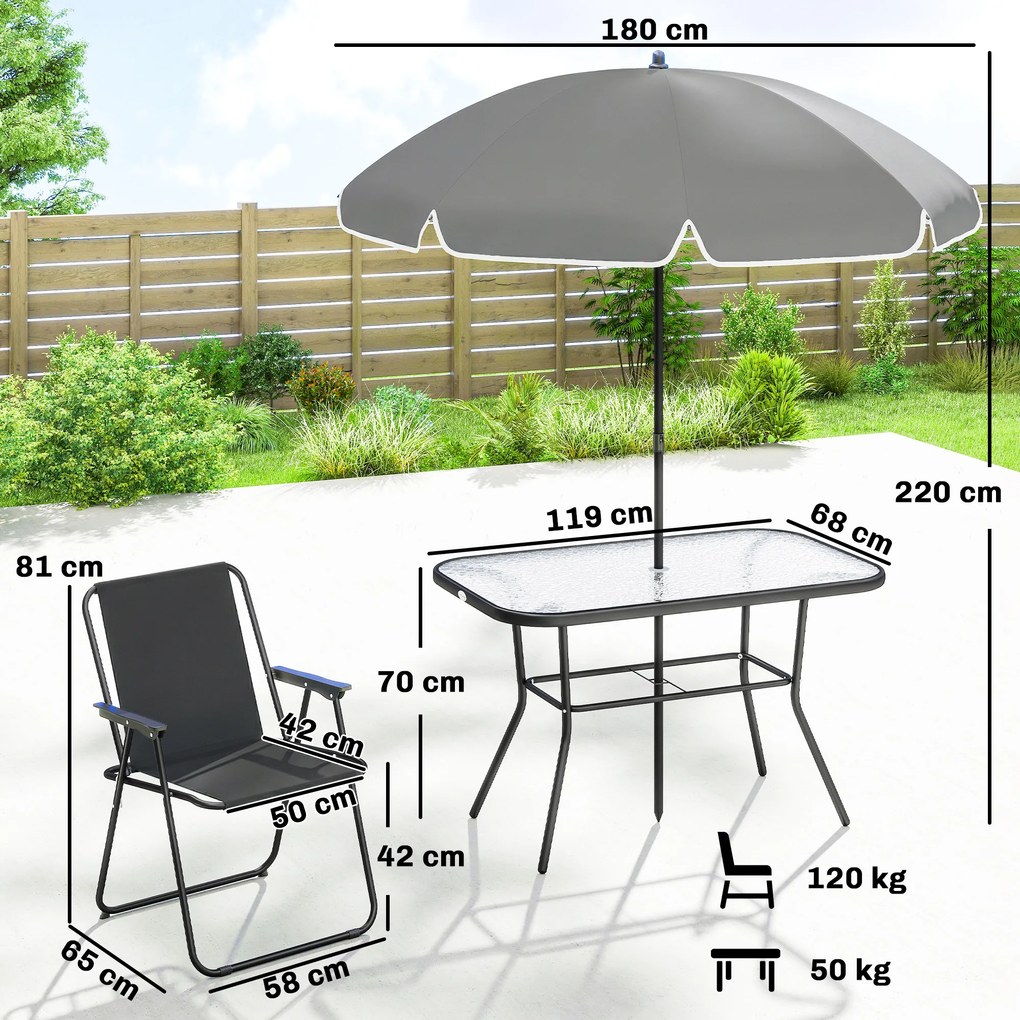 Outsunny Set Dining de Grădină 8 Piese cu Umbrelă, Mobilier de Exterior cu 6 Scaune Pliabile, Masă din Sticlă Temperată și Umbrelă pentru Terasă, Negru | Aosom Romania