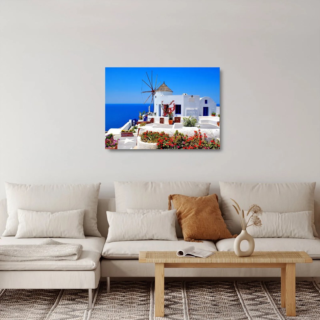 Tablou pe sticlă - Casă mică în Grecia (70x50 cm)
