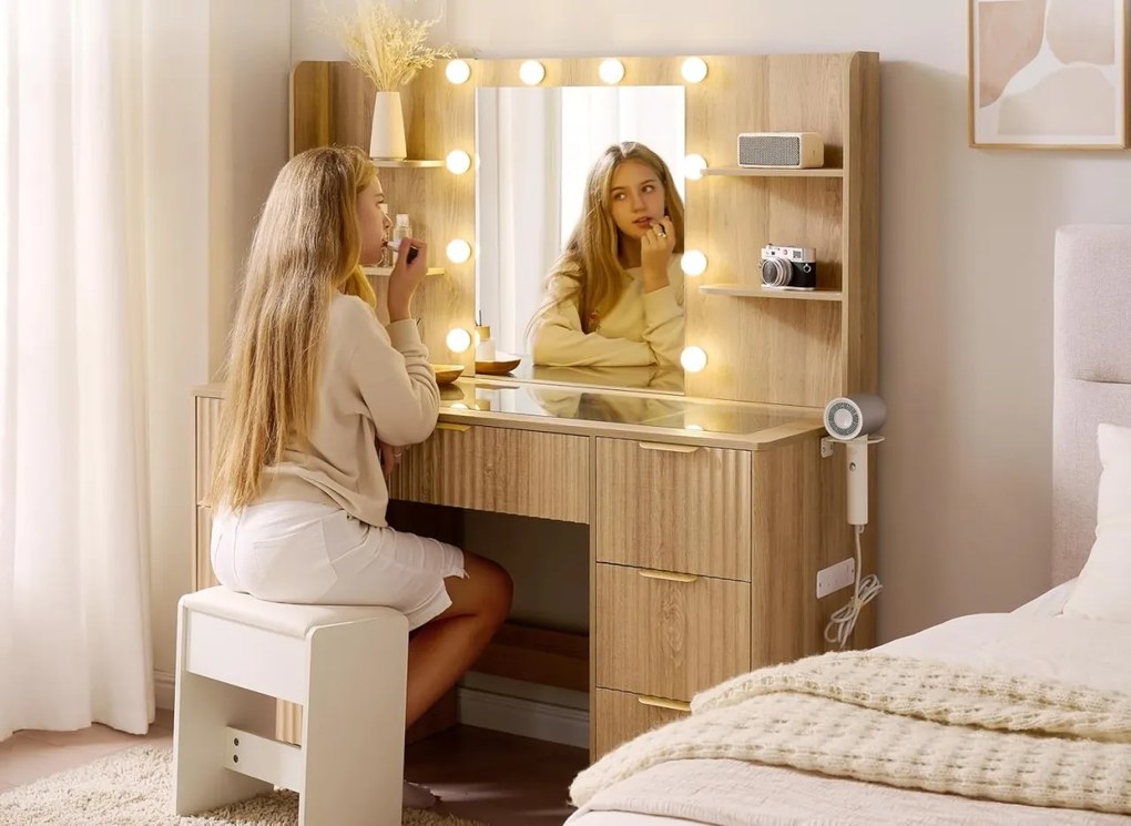 Masuta machiaj 120 cm, Alba sau Maro cu Oglinda LED si 7 Sertare pentru Cosmetice, Set Masa toaleta cu 2 Prize, USB si USB-C, masuta cosmetica,