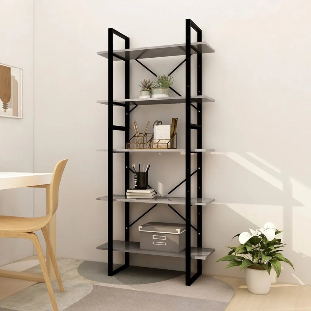 3081992 vidaXL Bibliotecă 5 rafturi, gri beton, 80x30x175 cm, lemn prelucrat