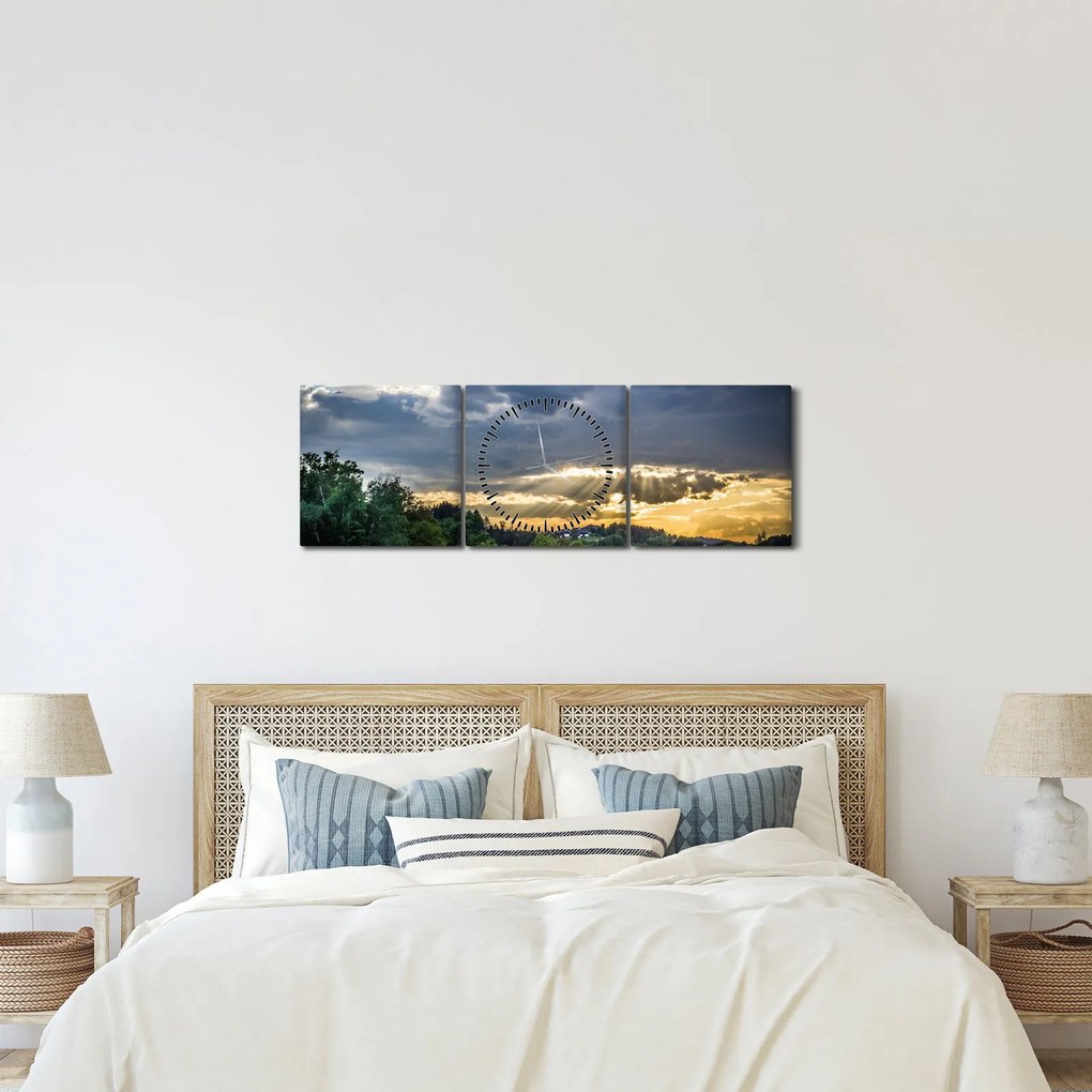 Tablou cu peisaj și raze de soare (cu ceas) (90x30 cm)