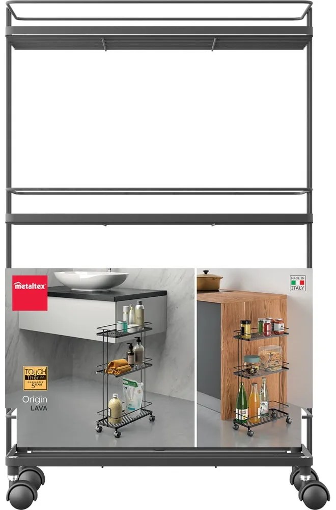 Etajeră pe roți negru-mat din oțel 38x62x16 cm Lava – Metaltex