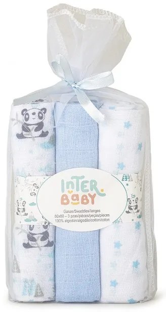 Set 3 museline 80 x 80 cm model panda - alb si bleu Inter Baby