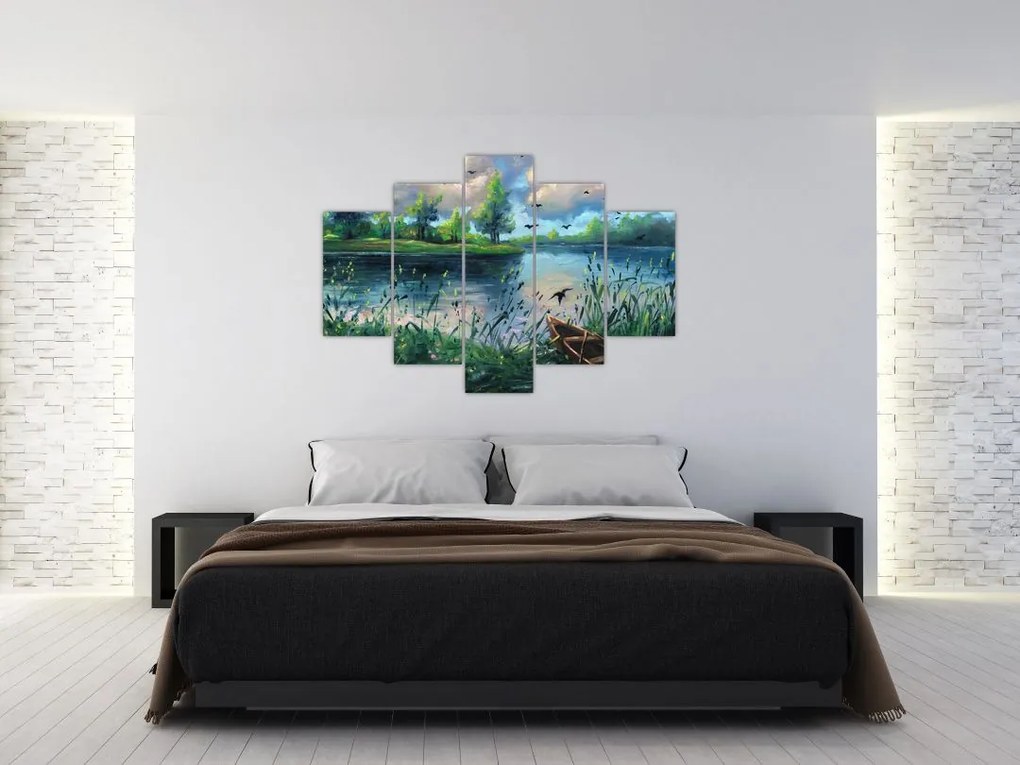 Tablou- Pictură în ulei, seară de vară lângă lac (150x105 cm)