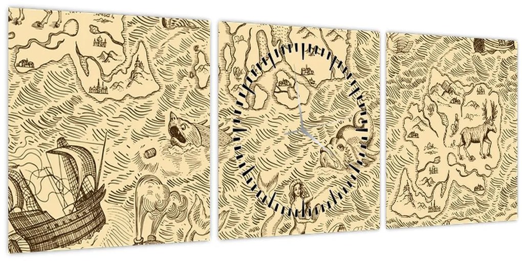 Tablou - Harta de epocă, ilustrații (cu ceas) (90x30 cm)