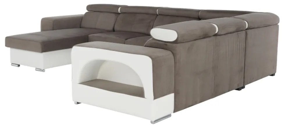 colţar în formă de U, piele ecologică albă/material textil maro, model stânga, KAMELIA
