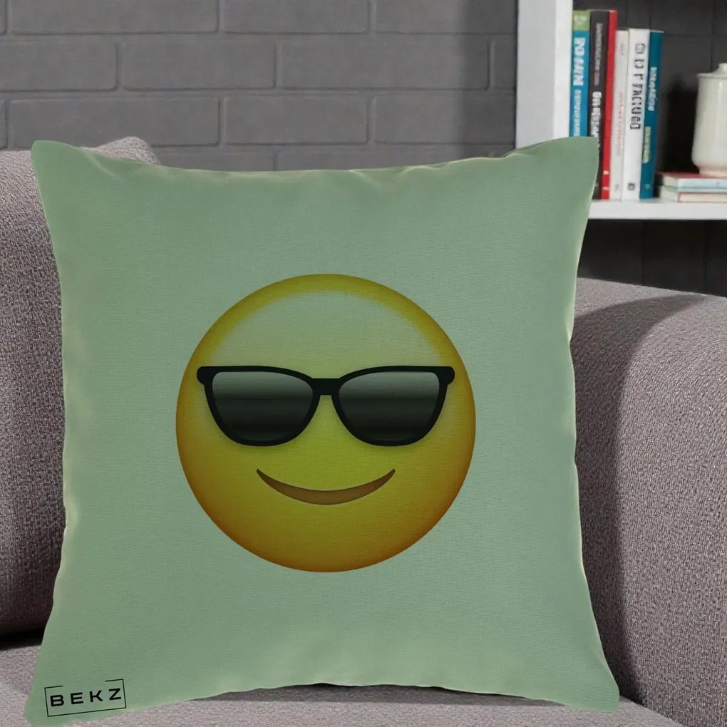 Perna Decorativa Emoji Cool Ochelari, 40x40 cm, Verde, Husa Detasabila, Perna Inclusa, BEKZ®