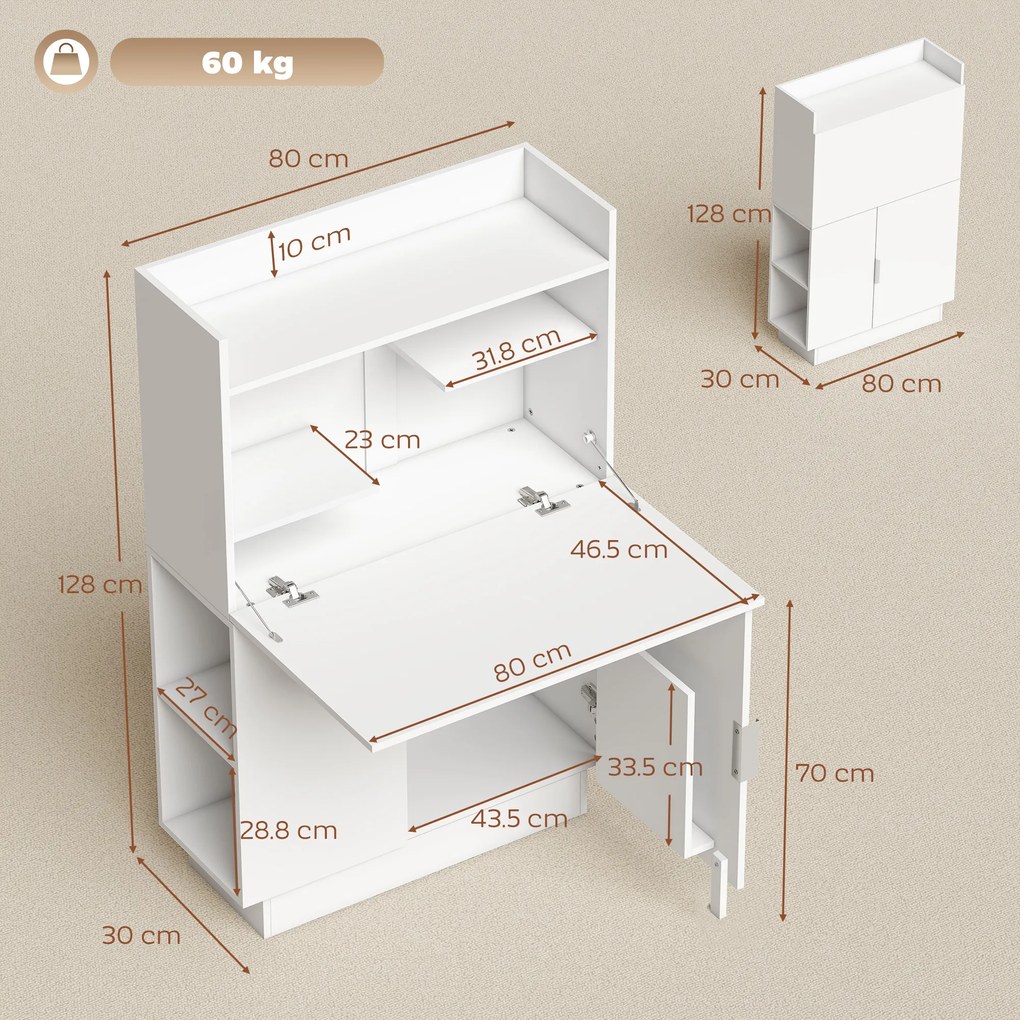 HOMCOM Birou pliant pentru calculator, birou pentru calculator cu blat rabatabil, rafturi și dulap, 80x30x128cm, alb | Aosom Romania