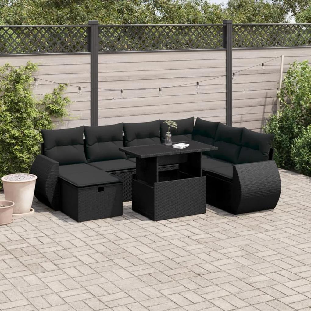 3275155 vidaXL Set mobilier de grădină cu perne, 8 piese, negru, poliratan