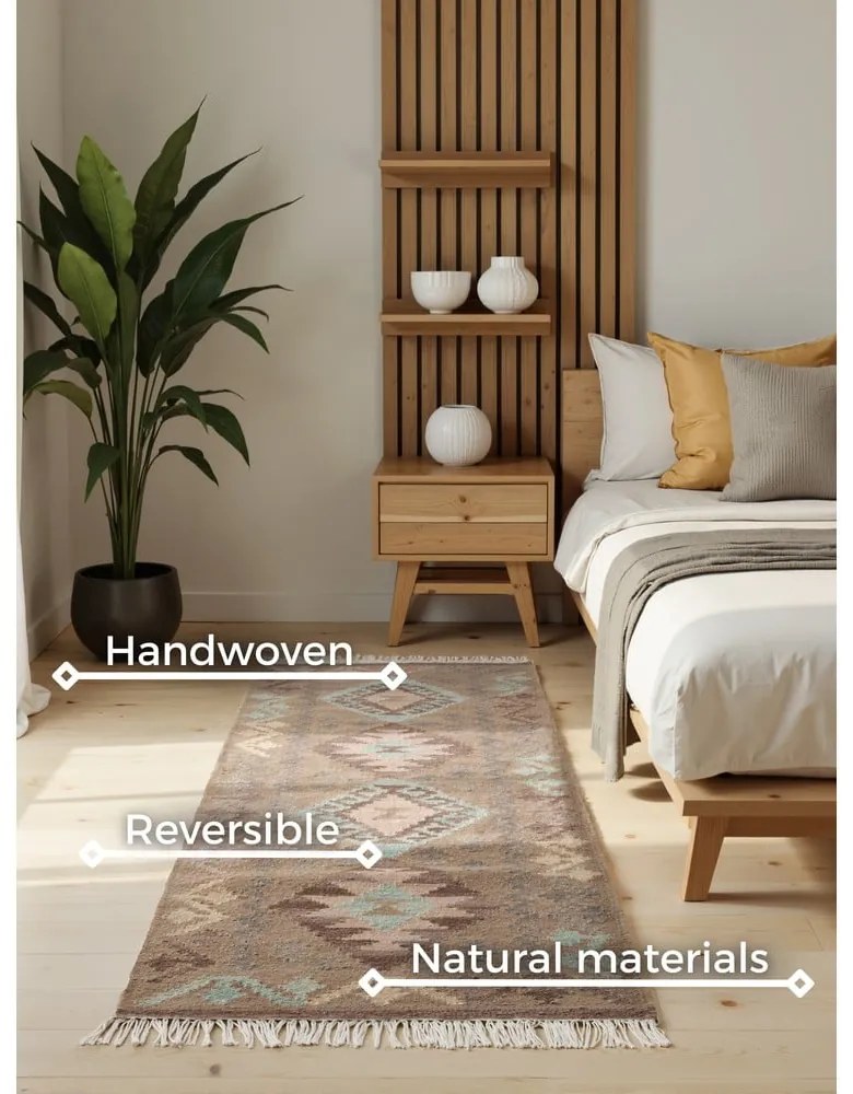 Covor tip traversă albastru deschis-bej reversibil, țesut manual din lână 60x190 cm Kamal Dune – Nouristan