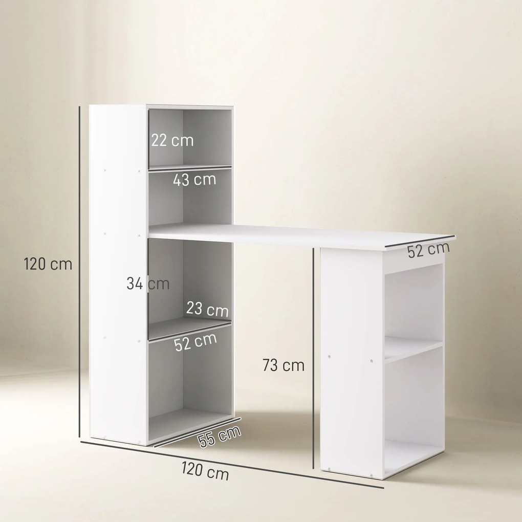 Birou alb modern cu biblioteca cu 6 rafturi din PAL,120x55x120cm HOMCOM | Aosom Romania